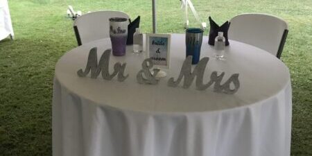 Wedding table with "Mr & Mrs" sign.