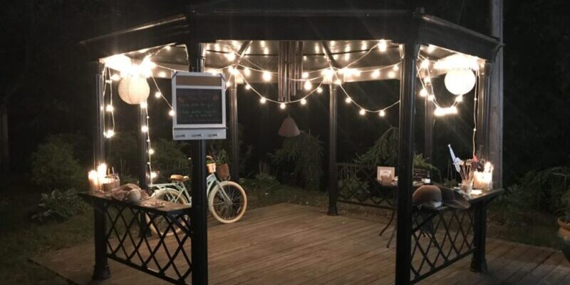 Gazebo with string lights at night.